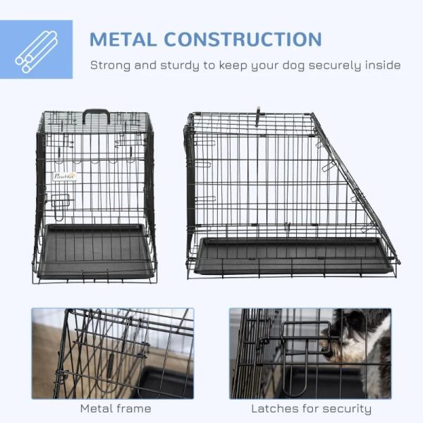 Cusca pentru caine, metal, plastic, cu maner transport, pliabila, negru, 48x76x55 cm