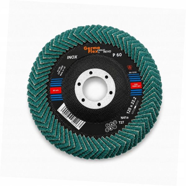 Disc lamelar cu lamele rotunjite peste margine pentru slefuirea sudurilor de colt si a zonelor greu accesibile, 125 mm, granulatie P60, inox, Germaflex