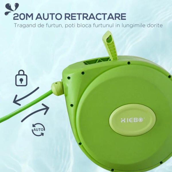 Furtun cu tambur/rola pentru gradina, retractabil/automat, portabil, pentru perete, 1/2″, 9 moduri, 20 m