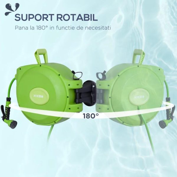 Furtun cu tambur/rola pentru gradina, retractabil/automat, portabil, pentru perete, 1/2″, 9 moduri, 20 m