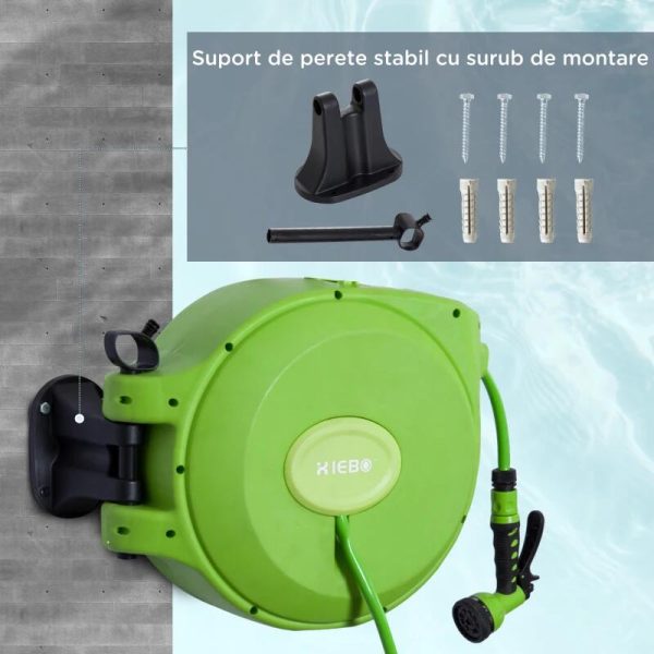 Furtun cu tambur/rola pentru gradina, retractabil/automat, portabil, pentru perete, 1/2″, 9 moduri, 20 m