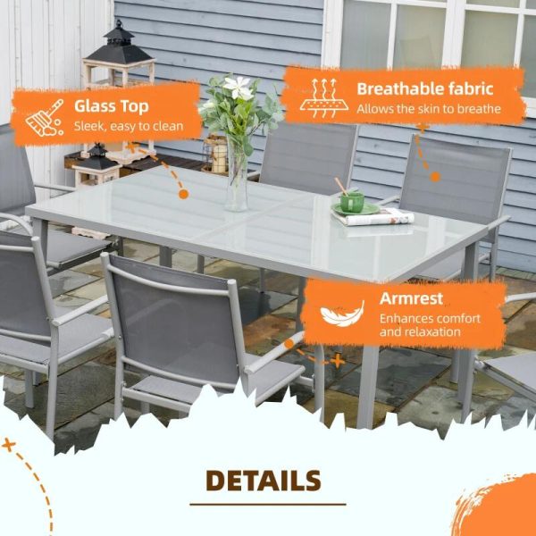 Set mobilier gradina/terasa, aluminiu, blat sticla, gri si argintiu, 1 masa, 6 scaune, Sway