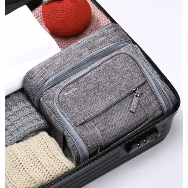 Geanta pentru cosmetice/accesorii baie, Soulima, impermeabila, cu agatatoare, gri, 24.5×13.5×21 cm