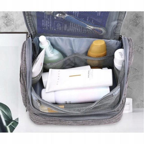 Geanta pentru cosmetice/accesorii baie, Soulima, impermeabila, cu agatatoare, gri, 24.5×13.5×21 cm