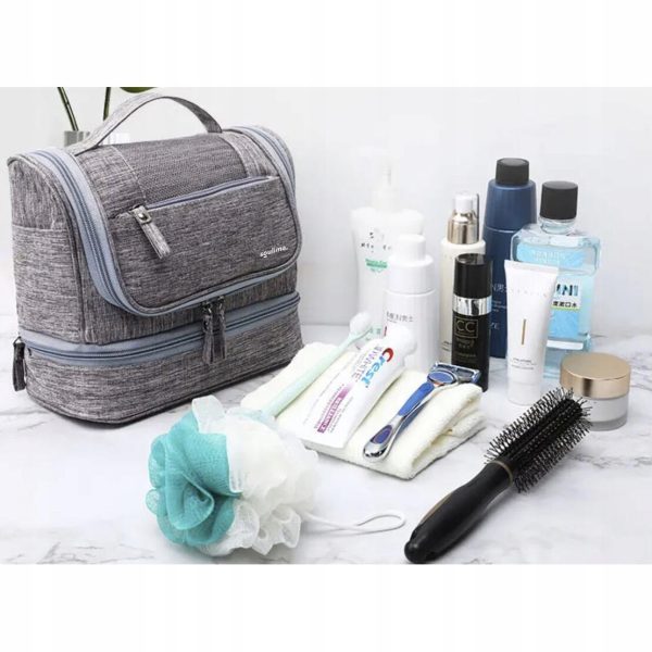 Geanta pentru cosmetice/accesorii baie, Soulima, impermeabila, cu agatatoare, gri, 24.5×13.5×21 cm