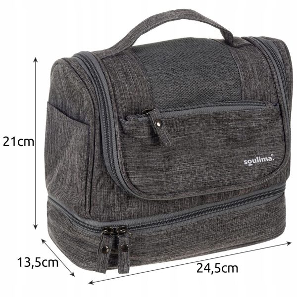 Geanta pentru cosmetice/accesorii baie, Soulima, impermeabila, cu agatatoare, gri, 24.5×13.5×21 cm