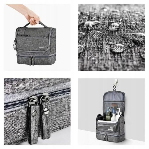 Geanta pentru cosmetice/accesorii baie, Soulima, impermeabila, cu agatatoare, gri, 24.5×13.5×21 cm