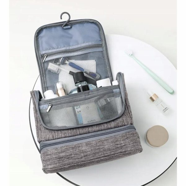 Geanta pentru cosmetice/accesorii baie, Soulima, impermeabila, cu agatatoare, gri, 24.5×13.5×21 cm