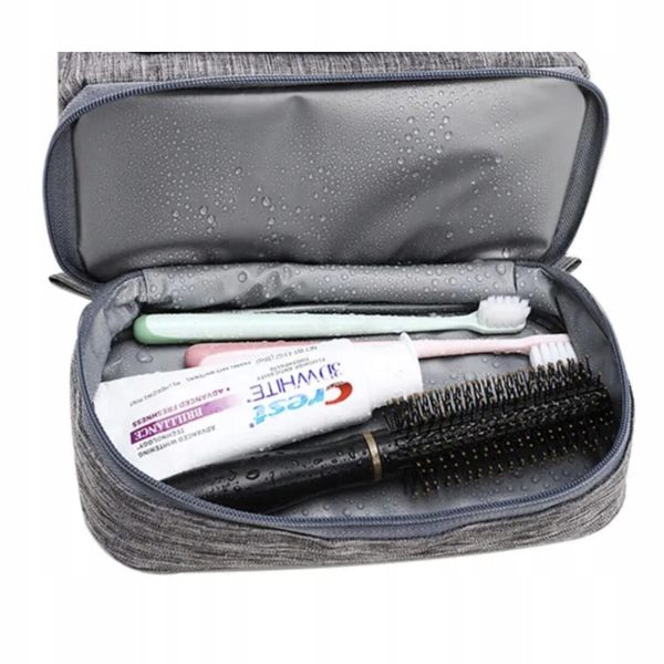Geanta pentru cosmetice/accesorii baie, Soulima, impermeabila, cu agatatoare, gri, 24.5×13.5×21 cm