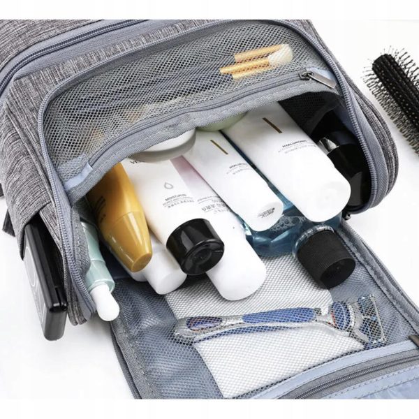 Geanta pentru cosmetice/accesorii baie, Soulima, impermeabila, cu agatatoare, gri, 24.5×13.5×21 cm