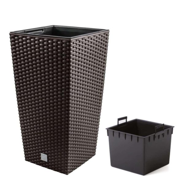 Set 2 ghivece de flori, Rato, imitatie ratan, inalte, 32.5×32.5×61 cm, maro, Prosperplast