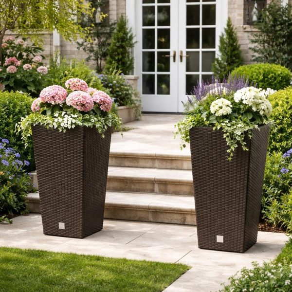 Set 2 ghivece de flori, Rato, imitatie ratan, inalte, 32.5×32.5×61 cm, maro, Prosperplast