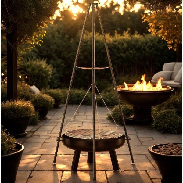 Gratar de gradina cu carbuni, grill rotund, trepied ajustabil, 64.5×64.5×150 cm, Chomik