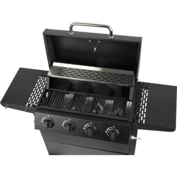 Gratar gradina, grill dreptunghiular, cu gaz, 4 arzatoare, cu roti, capac, rafturi, 116x50x100 cm, BBQ Malaga
