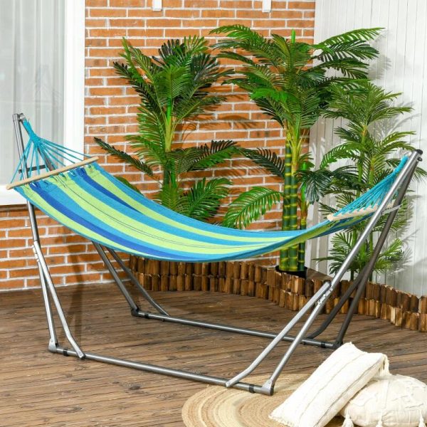 Hamac bumbac cu suport otel, geanta, albastru si verde, dungi, 188×62 cm