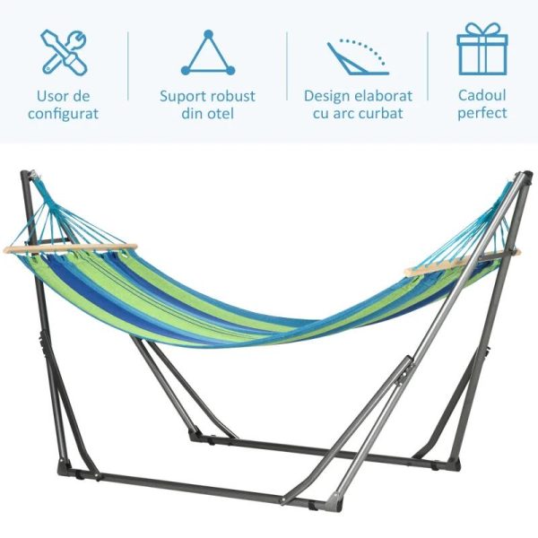 Hamac bumbac cu suport otel, geanta, albastru si verde, dungi, 188×62 cm
