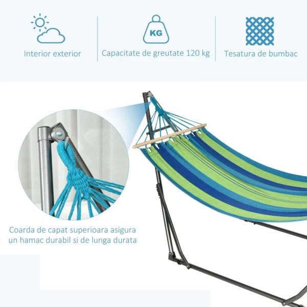 Hamac bumbac cu suport otel, geanta, albastru si verde, dungi, 188×62 cm