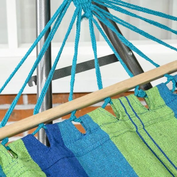 Hamac bumbac cu suport otel, geanta, albastru si verde, dungi, 188×62 cm