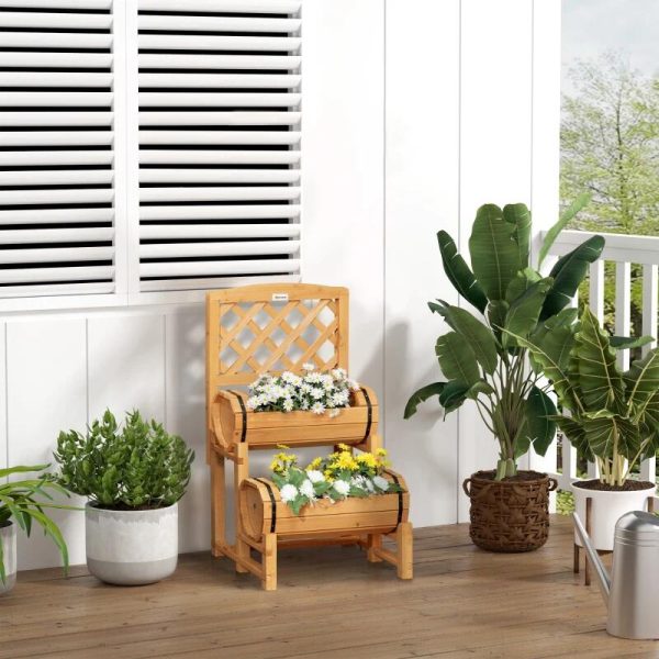 Jardiniera decorativa cu suport pentru plante cataratoare, lemn, 2 nivele, tip butoi, 45x45x80 cm