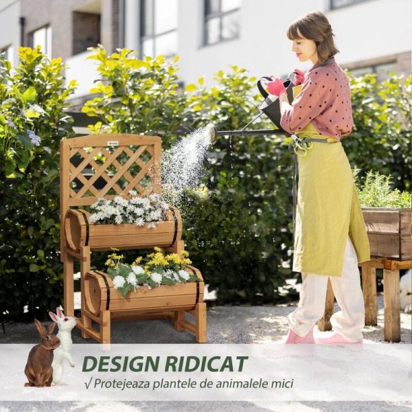 Jardiniera decorativa cu suport pentru plante cataratoare, lemn, 2 nivele, tip butoi, 45x45x80 cm