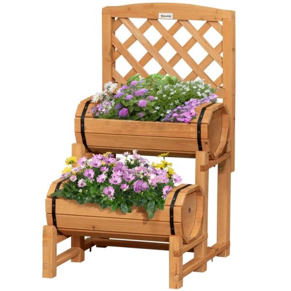 Jardiniera decorativa cu suport pentru plante cataratoare, lemn, 2 nivele, tip butoi, 45x45x80 cm
