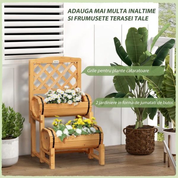 Jardiniera decorativa cu suport pentru plante cataratoare, lemn, 2 nivele, tip butoi, 45x45x80 cm