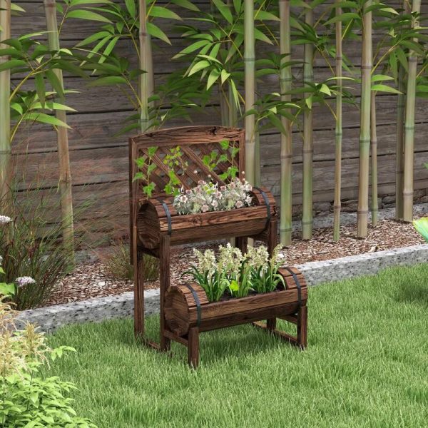 Jardiniera decorativa cu suport pentru plante cataratoare, lemn, 2 nivele, tip butoi, 49x42x80 cm