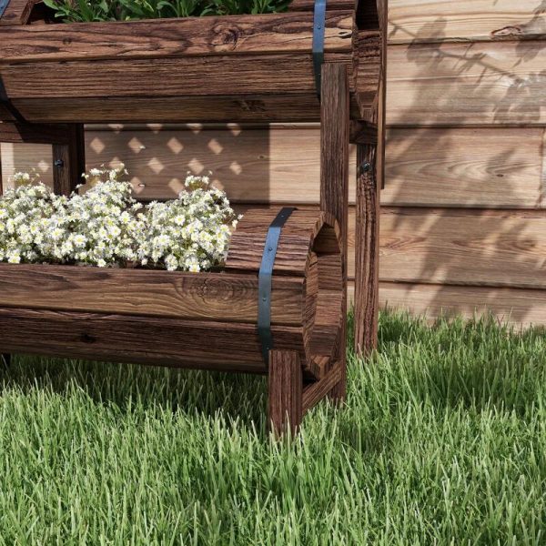 Jardiniera decorativa cu suport pentru plante cataratoare, lemn, 2 nivele, tip butoi, 49x42x80 cm