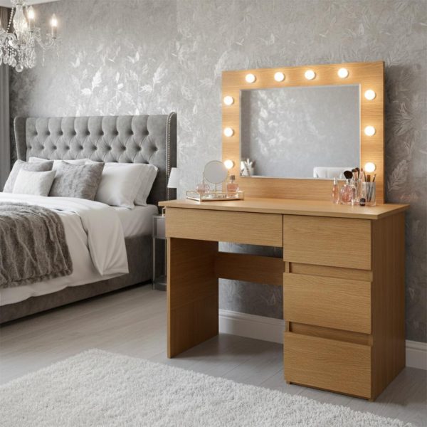 Masa de toaleta/machiaj, Irina, stejar + scaun Mark, bej, cu oglinda si LED-uri, 94x43x141 cm