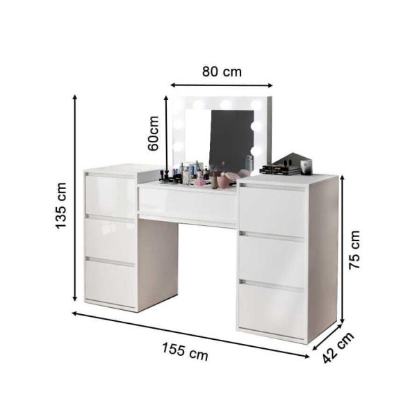 Masa de toaleta/machiaj, alb, cu oglinda si LED-uri, Silvia , 155x42x135 cm