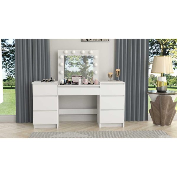 Masa de toaleta/machiaj, alb, cu oglinda si LED-uri, Silvia , 155x42x135 cm