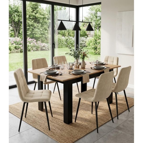Masa pentru sufragerie/living, Artool, cu blat extensibil, pal, negru si craft, 120-160x80x75 cm