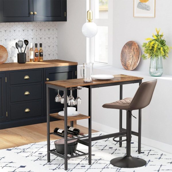 Masa pentru bucatarie/living/bar, Artool, inalta, pal, otel, cu suport pahare si sticle, 3 rafturi, maro rustic, 110x40x90 cm