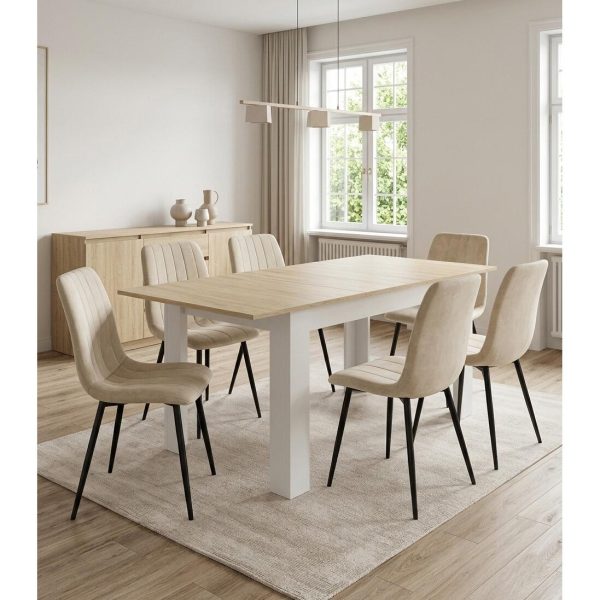 Masa pentru sufragerie/living, Artool, cu blat extensibil, pal, alb si stejar Sonoma, 120-160x80x75 cm