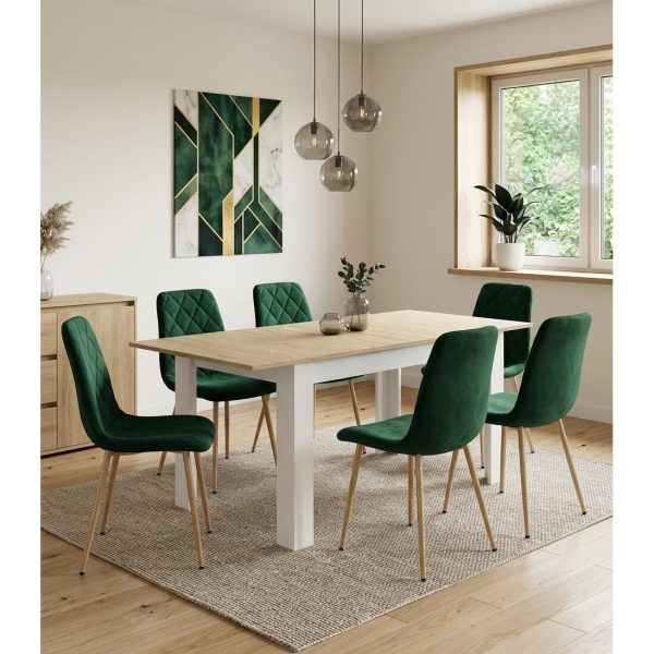 Masa pentru sufragerie/living, Artool, cu blat extensibil, pal, alb si stejar Sonoma, 120-160x80x75 cm