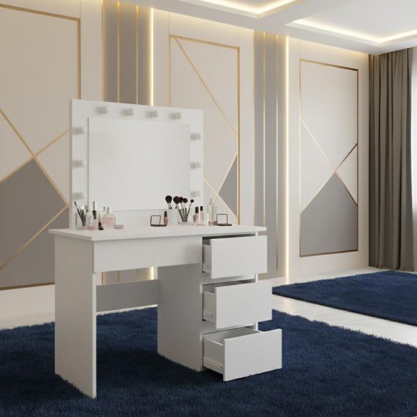 Masa de toaleta/machiaj, Irina + scaun Alba, alb, cu oglinda si LED-uri, 94x43x141 cm