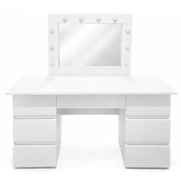 Masa de toaleta/machiaj, Vanessa + scaun Alba, alb, cu oglinda si LED-uri, 130x43x143 cm