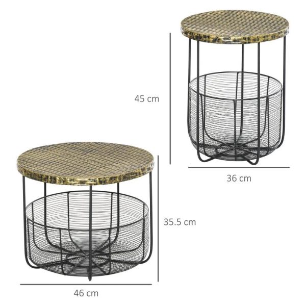 Masuta gradina/terasa/balcon, cu cos depozitare metalic, rotunda, negru si maro deschis, set 2 marimi