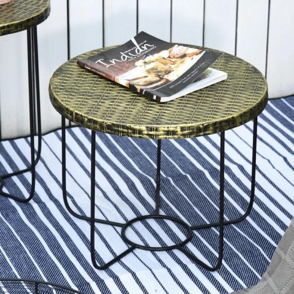 Masuta gradina/terasa/balcon, cu cos depozitare metalic, rotunda, negru si maro deschis, set 2 marimi
