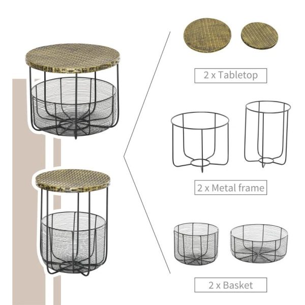 Masuta gradina/terasa/balcon, cu cos depozitare metalic, rotunda, negru si maro deschis, set 2 marimi