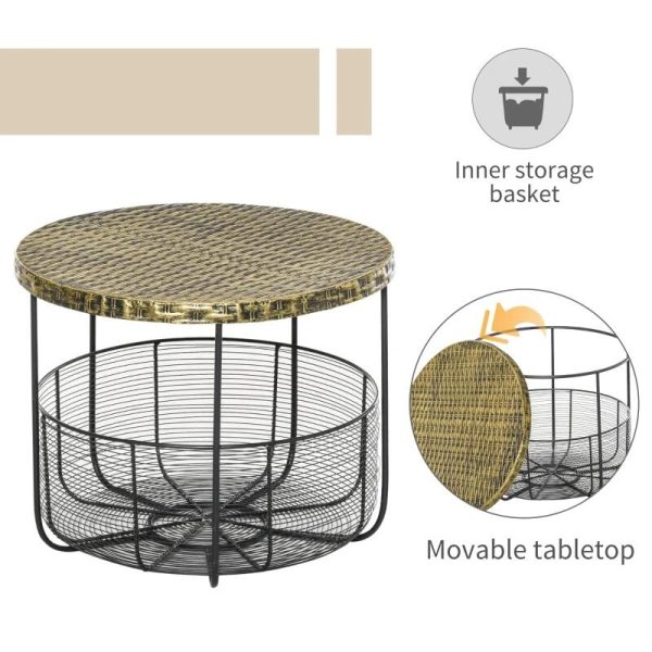 Masuta gradina/terasa/balcon, cu cos depozitare metalic, rotunda, negru si maro deschis, set 2 marimi