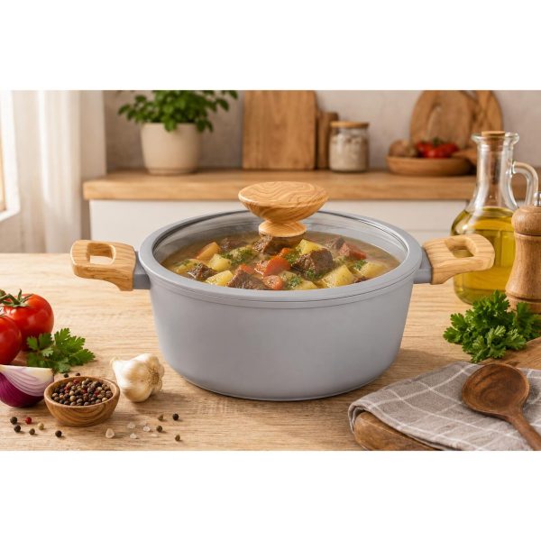 Oala ceramica cu capac de sticla, manere lemn, 4 L, 24 cm, MagicHome Harmony