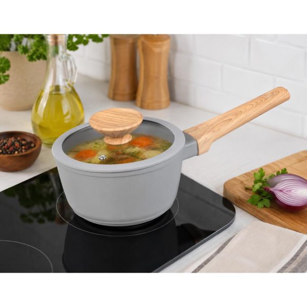 Oala ceramica cu capac de sticla, maner lemn, 1.3 L, 16 cm, MagicHome Harmony