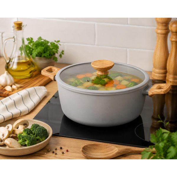 Oala ceramica cu capac de sticla, manere lemn, 5.9 L, 28 cm, MagicHome Harmony