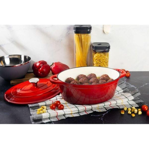 Oala de fonta emailata cu capac, ovala, maner din inox, lingura de lemn, rosie, 4.4 L, Magic Home