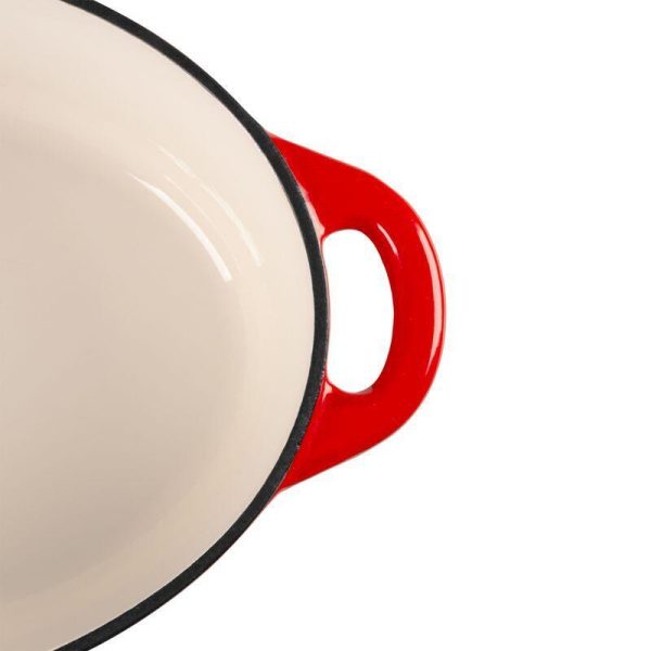 Oala de fonta emailata cu capac, ovala, maner din inox, lingura de lemn, rosie, 4.4 L, Magic Home