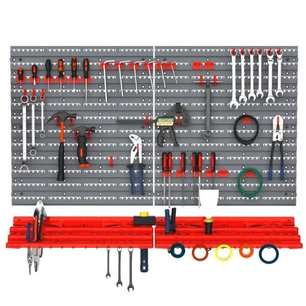 Panou scule, PP, 2 module, 2 rafturi tip suport, 50 de carlige, gri si rosu, max 30 kg, 95.5×53.5 cm