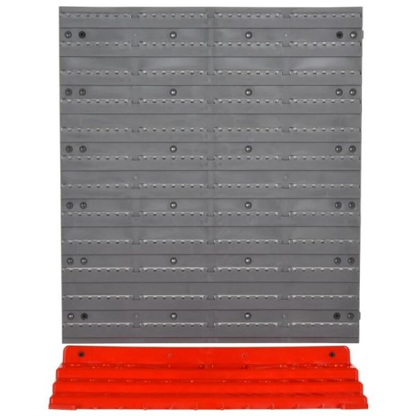 Panou scule, PP, 2 module, 2 rafturi tip suport, 50 de carlige, gri si rosu, max 30 kg, 95.5×53.5 cm