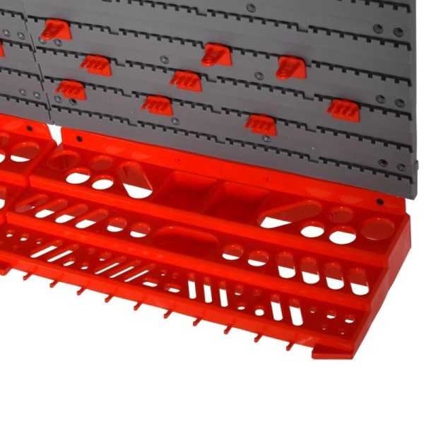 Panou scule, PP, 2 module, 2 rafturi tip suport, 50 de carlige, gri si rosu, max 30 kg, 95.5×53.5 cm