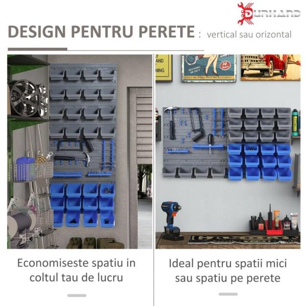 Panou scule, PP, cu 28 de cutii pentru depozitare, 10 carlige, 4 suporturi, gri si albastru, max 30 kg, 95×54 cm